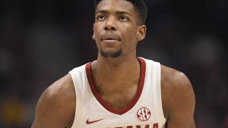 Mar 12, 2023; Nashville, TN, USA;  Alabama Crimson Tide forward Brandon Miller (24) shoots free throws against the Texas A&M Aggies during the second half at Bridgestone Arena. Mandatory Credit: Steve Roberts-USA TODAY Sports