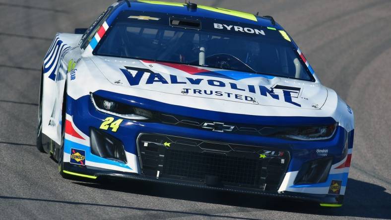 Mar 12, 2023; Avondale, Arizona, USA; NASCAR Cup Series driver William Byron (24) during the United Rentals Work United 500 at Phoenix Raceway. Mandatory Credit: Gary A. Vasquez-USA TODAY Sports