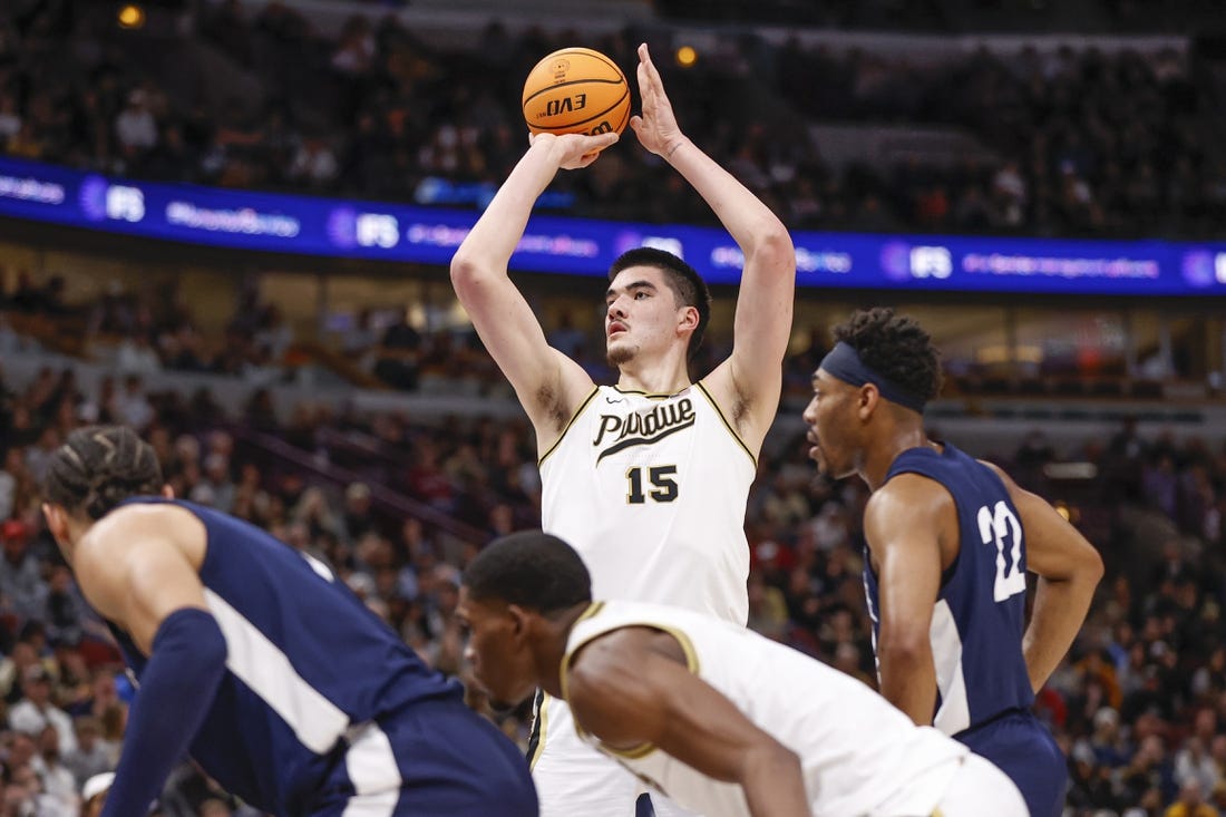 Mar 12, 2023; Chicago, IL, USA; Purdue Boilermakers center Zach Edey (15) shoots a free throw against the Penn State Nittany Lions during the second half at United Center. Mandatory Credit: Kamil Krzaczynski-USA TODAY Sports