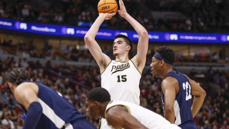 Mar 12, 2023; Chicago, IL, USA; Purdue Boilermakers center Zach Edey (15) shoots a free throw against the Penn State Nittany Lions during the second half at United Center. Mandatory Credit: Kamil Krzaczynski-USA TODAY Sports