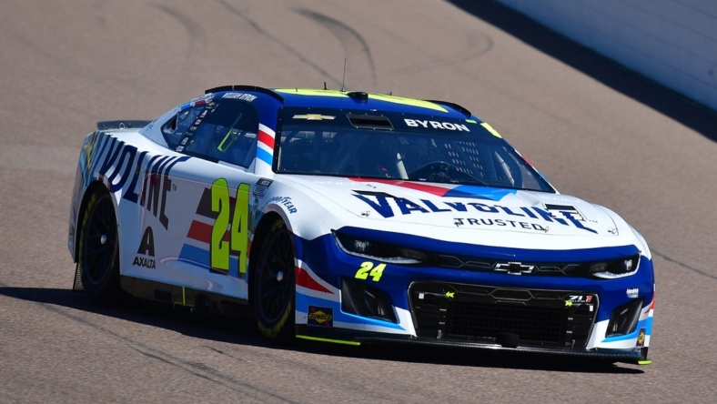 Mar 12, 2023; Avondale, Arizona, USA; NASCAR Cup Series driver William Byron (24) during the United Rentals Work United 500 at Phoenix Raceway. Mandatory Credit: Gary A. Vasquez-USA TODAY Sports
