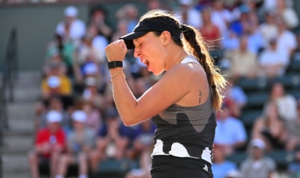 Mar 12, 2023; Indian Wells, CA, USA;  Jessica Pegula (USA) celebrates after defeating Anastasia Potapova (RUS) in her fourth round match at the BNP Paribas Open at the Indian Wells Tennis Garden. Mandatory Credit: Jayne Kamin-Oncea-USA TODAY Sports