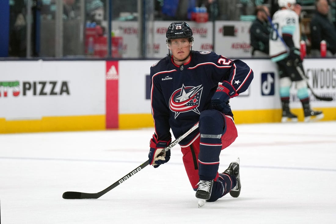 Mar 3, 2023; Columbus, Ohio, USA; Columbus Blue Jackets left wing Patrik Laine (29) looks on during warm-ups prior to the game against the Seattle Kraken at Nationwide Arena. Mandatory Credit: Jason Mowry-USA TODAY Sports