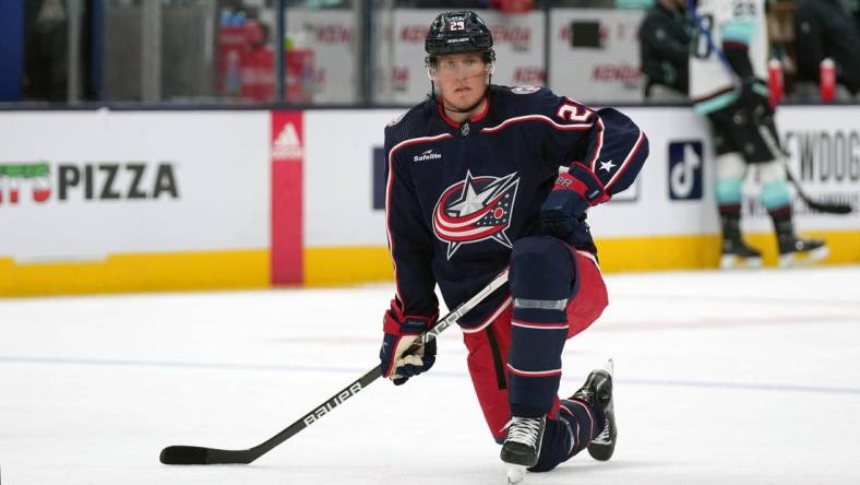 Mar 3, 2023; Columbus, Ohio, USA; Columbus Blue Jackets left wing Patrik Laine (29) looks on during warm-ups prior to the game against the Seattle Kraken at Nationwide Arena. Mandatory Credit: Jason Mowry-USA TODAY Sports