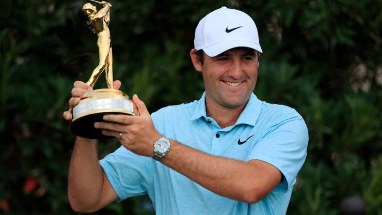 March 12: Scottie Scheffler holds up The Players Championship trophy at TPC Sawgrass in Ponte Vedra Beach, Florida.

Syndication Florida Times Union