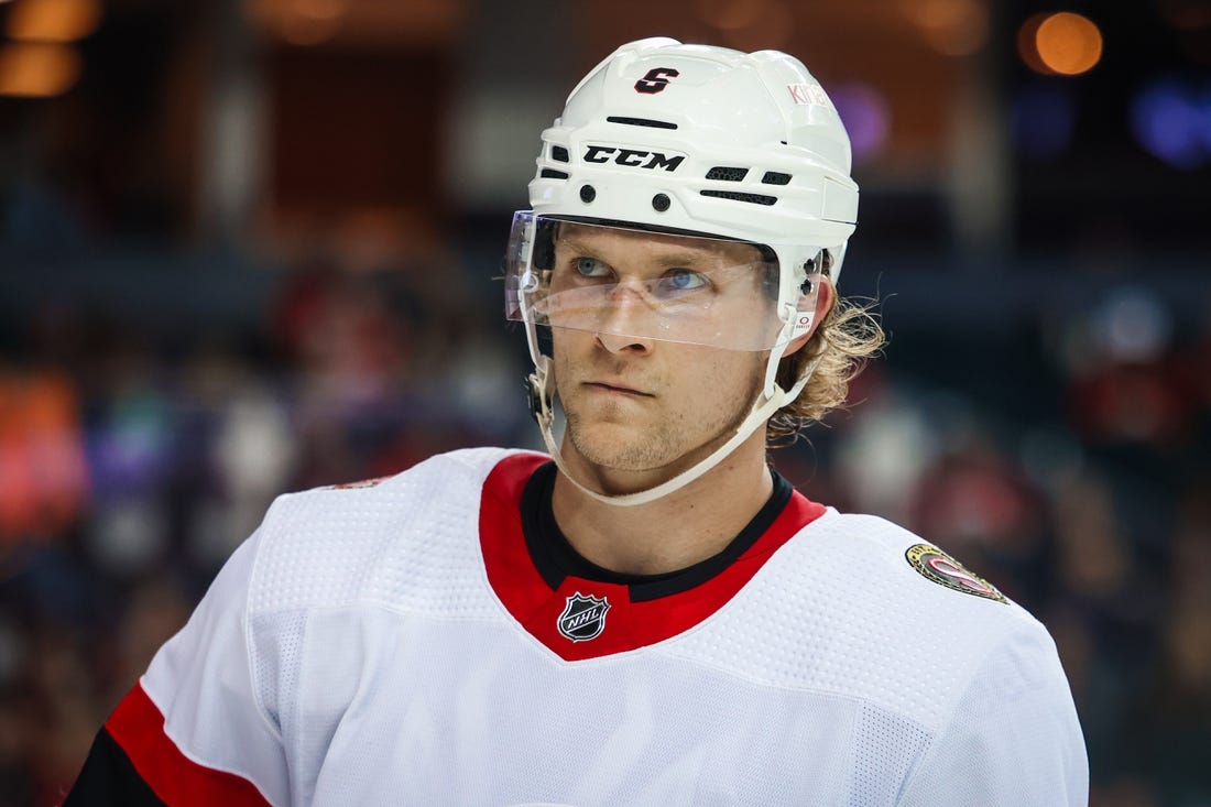 Mar 12, 2023; Calgary, Alberta, CAN; Ottawa Senators defenseman Jakob Chychrun (6) against the Calgary Flames during the second period at Scotiabank Saddledome. Mandatory Credit: Sergei Belski-USA TODAY Sports