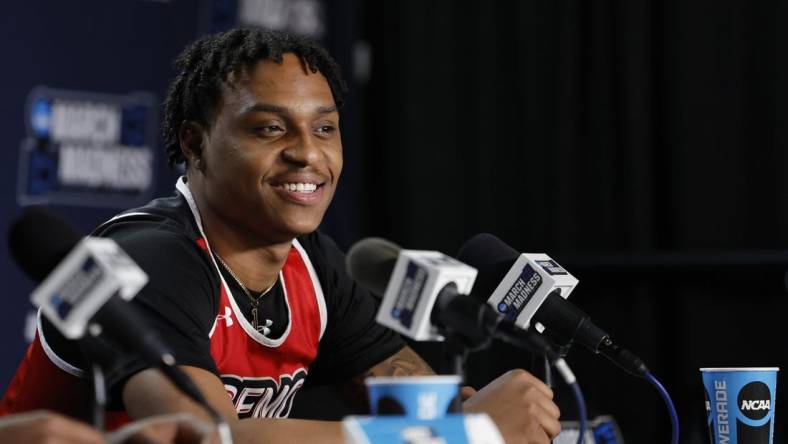 Mar 13, 2023; Dayton, OH, USA; Southeast Missouri State Redhawks guard Phillip Russell (1) talks to the press during the NCAA Tournament First Four Practice at UD Arena. Mandatory Credit: Rick Osentoski-USA TODAY Sports