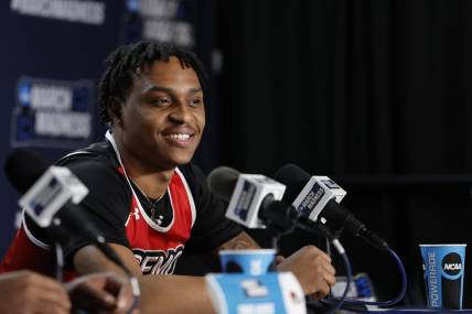 Mar 13, 2023; Dayton, OH, USA; Southeast Missouri State Redhawks guard Phillip Russell (1) talks to the press during the NCAA Tournament First Four Practice at UD Arena. Mandatory Credit: Rick Osentoski-USA TODAY Sports