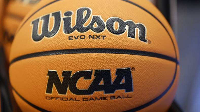 Mar 13, 2023; Dayton, OH, USA; General view of an official game ball during the NCAA Tournament First Four Practice at UD Arena. Mandatory Credit: Rick Osentoski-USA TODAY Sports