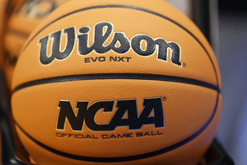 Mar 13, 2023; Dayton, OH, USA; General view of an official game ball during the NCAA Tournament First Four Practice at UD Arena. Mandatory Credit: Rick Osentoski-USA TODAY Sports