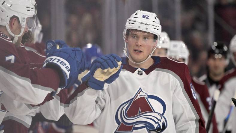 Mar 13, 2023; Montreal, Quebec, CAN; Colorado Avalanche forward Artturi Lehkonen (62) celebrates with teammates after scoring a goal against the Montreal Canadiens during the first period at the Bell Centre. Mandatory Credit: Eric Bolte-USA TODAY Sports