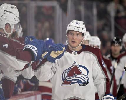 Mar 13, 2023; Montreal, Quebec, CAN; Colorado Avalanche forward Artturi Lehkonen (62) celebrates with teammates after scoring a goal against the Montreal Canadiens during the first period at the Bell Centre. Mandatory Credit: Eric Bolte-USA TODAY Sports
