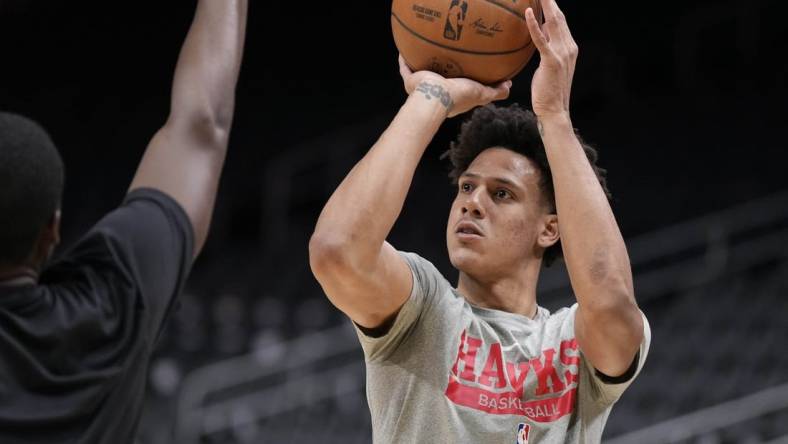 Mar 13, 2023; Atlanta, Georgia, USA; Atlanta Hawks forward Jalen Johnson (1) warms up prior to the game against the against the Minnesota Timberwolves at State Farm Arena. Mandatory Credit: Dale Zanine-USA TODAY Sports