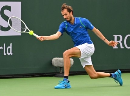 Mar 14, 2023; Indian Wells, CA, USA; Daniil Medvedev (RUS) hits a shot as he defeated Alexander Zverev (GER) in the fourth round of the BNP Paribas Open at the Indian Wells Tennis Garden. Mandatory Credit: Jayne Kamin-Oncea-USA TODAY Sports