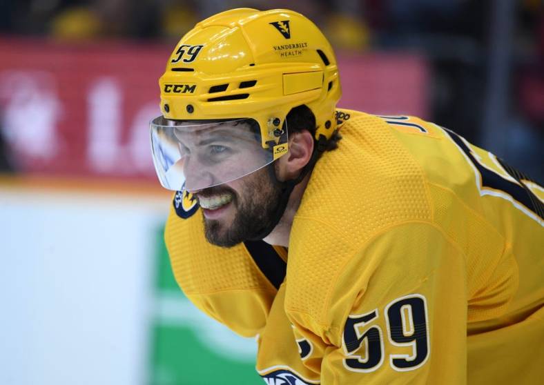 Mar 14, 2023; Nashville, Tennessee, USA; Nashville Predators defenseman Roman Josi (59) waits for a face off during the second period against the Detroit Red Wings at Bridgestone Arena. Mandatory Credit: Christopher Hanewinckel-USA TODAY Sports