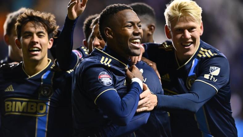 Mar 14, 2023; Chester, PA, USA; Philadelphia Union midfielder Andres Perea (6) celebrates with teammates after scoring a goal against Alianza FC in the second half at Subaru Park. Mandatory Credit: Kyle Ross-USA TODAY Sports