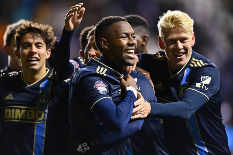 Mar 14, 2023; Chester, PA, USA; Philadelphia Union midfielder Andres Perea (6) celebrates with teammates after scoring a goal against Alianza FC in the second half at Subaru Park. Mandatory Credit: Kyle Ross-USA TODAY Sports