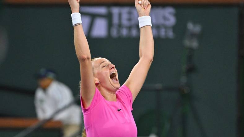 Mar 14, 2023; Indian Wells, CA, USA; Petra Kvitova (CZE)  celebrates after defeating Jessica Pegula (USA) 13-11 in a third set tiebreaker during her fourth round match in the BNP Paribas Open at the Indian Wells Tennis Garden. Mandatory Credit: Jayne Kamin-Oncea-USA TODAY Sports