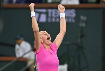 Mar 14, 2023; Indian Wells, CA, USA; Petra Kvitova (CZE)  celebrates after defeating Jessica Pegula (USA) 13-11 in a third set tiebreaker during her fourth round match in the BNP Paribas Open at the Indian Wells Tennis Garden. Mandatory Credit: Jayne Kamin-Oncea-USA TODAY Sports