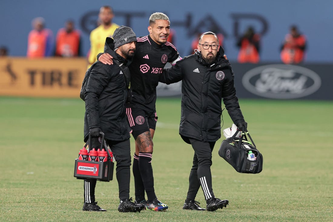 Mar 11, 2023; New York, New York, USA; Inter Miami midfielder Gregore (26) is helped off the field after an injury during the second half against New York City FC at Yankee Stadium. Mandatory Credit: Vincent Carchietta-USA TODAY Sports