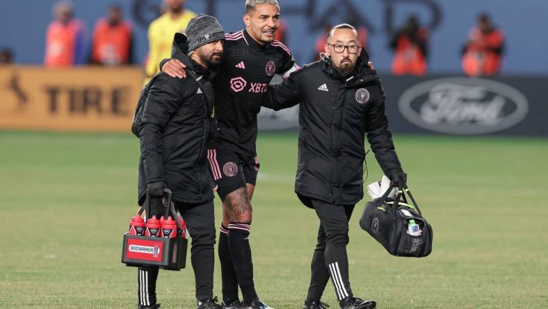 Mar 11, 2023; New York, New York, USA; Inter Miami midfielder Gregore (26) is helped off the field after an injury during the second half against New York City FC at Yankee Stadium. Mandatory Credit: Vincent Carchietta-USA TODAY Sports