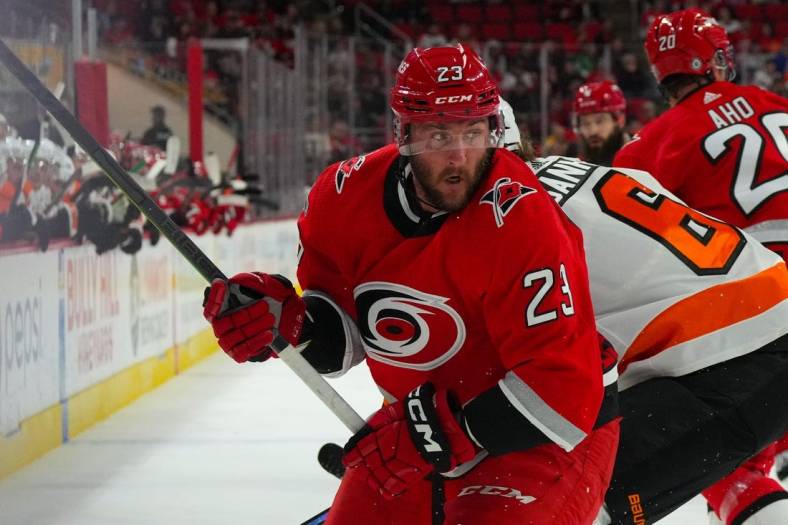 Mar 9, 2023; Raleigh, North Carolina, USA;  Carolina Hurricanes right wing Stefan Noesen (23) skates against the Philadelphia Flyers during the first period at PNC Arena. Mandatory Credit: James Guillory-USA TODAY Sports