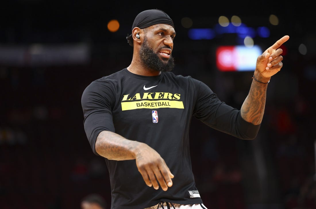 Mar 15, 2023; Houston, Texas, USA; Los Angeles Lakers forward LeBron James (6) shoots baskets before the game against the Houston Rockets at Toyota Center. Mandatory Credit: Troy Taormina-USA TODAY Sports