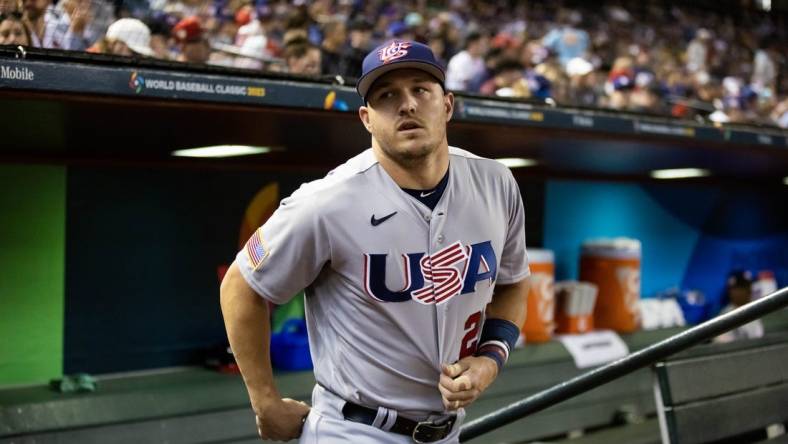 Mar 15, 2023; Phoenix, Arizona, USA; USA outfielder Mike Trout prior to the game against Colombia during the World Baseball Classic at Chase Field. Mandatory Credit: Mark J. Rebilas-USA TODAY Sports