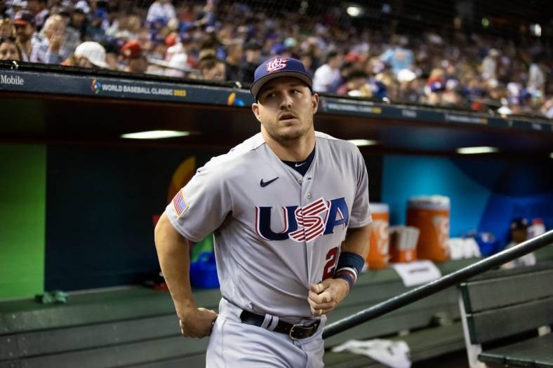 Mar 15, 2023; Phoenix, Arizona, USA; USA outfielder Mike Trout prior to the game against Colombia during the World Baseball Classic at Chase Field. Mandatory Credit: Mark J. Rebilas-USA TODAY Sports