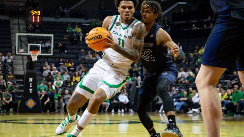 Oregon guard Rivaldo Soares drives toward the basket as the Oregon Ducks take on UC Irvine in their NIT opener Wednesday, March 15, 2023, at Matthew Knight Arena in Eugene, Ore.

Ncaa Basketball Oregon Men S Basketball Nit Opener Uc Irvine At Oregon