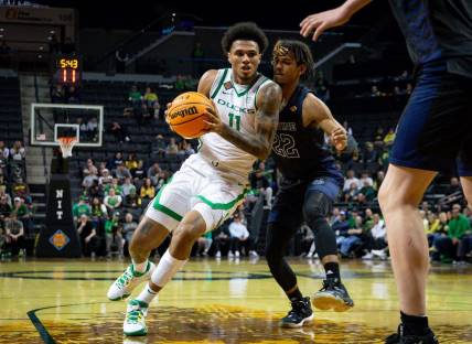 Oregon guard Rivaldo Soares drives toward the basket as the Oregon Ducks take on UC Irvine in their NIT opener Wednesday, March 15, 2023, at Matthew Knight Arena in Eugene, Ore.

Ncaa Basketball Oregon Men S Basketball Nit Opener Uc Irvine At Oregon
