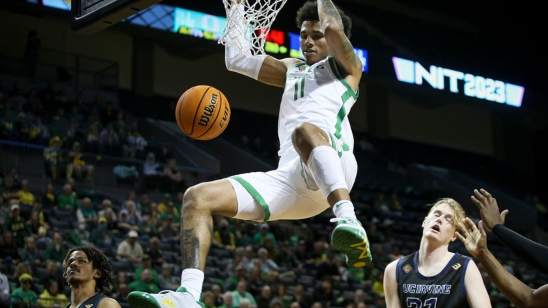 Oregon guard Rivaldo Soares dunks during the second half as the Oregon Ducks take on UC Irvine in their NIT opener Wednesday, March 15, 2023, at Matthew Knight Arena in Eugene, Ore.

Ncaa Basketball Oregon Men S Basketball Nit Opener Uc Irvine At Oregon