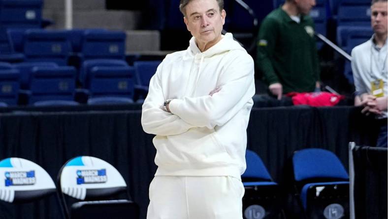 Mar 16, 2023; Albany, NY, USA; Iona Gaels head coach Rick Pitino observes his players during a practice session at MVP Arena. Mandatory Credit: Gregory Fisher-USA TODAY Sports