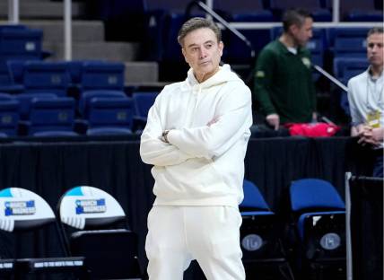 Mar 16, 2023; Albany, NY, USA; Iona Gaels head coach Rick Pitino observes his players during a practice session at MVP Arena. Mandatory Credit: Gregory Fisher-USA TODAY Sports