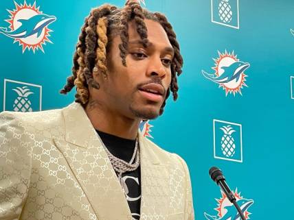 Dolphins cornerback Jalen Ramsey addresses reporters at the team facility Thursday.

Img 9675