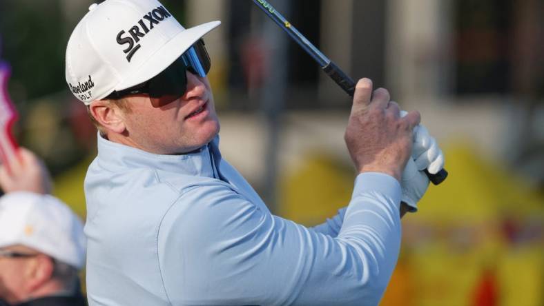 Mar 16, 2023; Palm Harbor, Florida, USA; Ryan Brehm plays his shot from the first tee during the first round of the Valspar Championship golf tournament. Mandatory Credit: Reinhold Matay-USA TODAY Sports