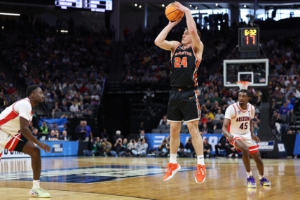 Mar 16, 2023; Sacramento, CA, USA; Princeton Tigers guard Blake Peters (24) shoots a three point basket against the Arizona Wildcats during the second half at Golden 1 Center. Mandatory Credit: Kelley L Cox-USA TODAY Sports