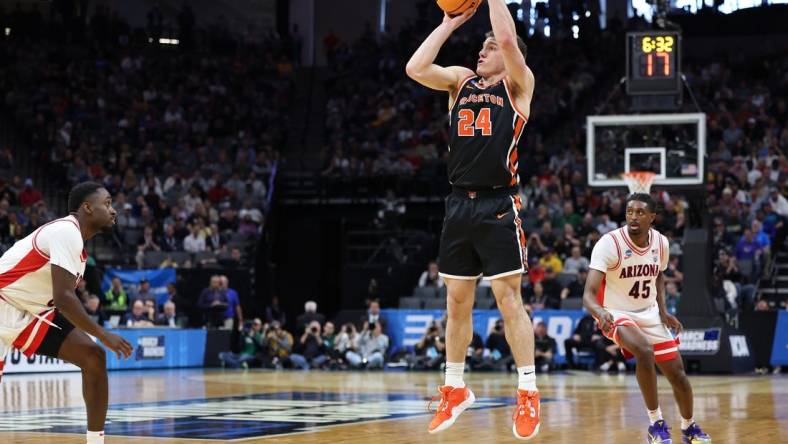 Mar 16, 2023; Sacramento, CA, USA; Princeton Tigers guard Blake Peters (24) shoots a three point basket against the Arizona Wildcats during the second half at Golden 1 Center. Mandatory Credit: Kelley L Cox-USA TODAY Sports