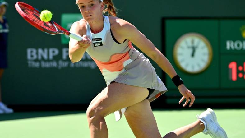 Mar 16, 2023; Indian Wells, CA, USA;  Elena Rybakina (KAZ) hits a shot in her quarterfinal match as she defeated Karolina Muchova (CZE) in the BNP Paribas Open at the Indian Wells Tennis Garden. Mandatory Credit: Jayne Kamin-Oncea-USA TODAY Sports