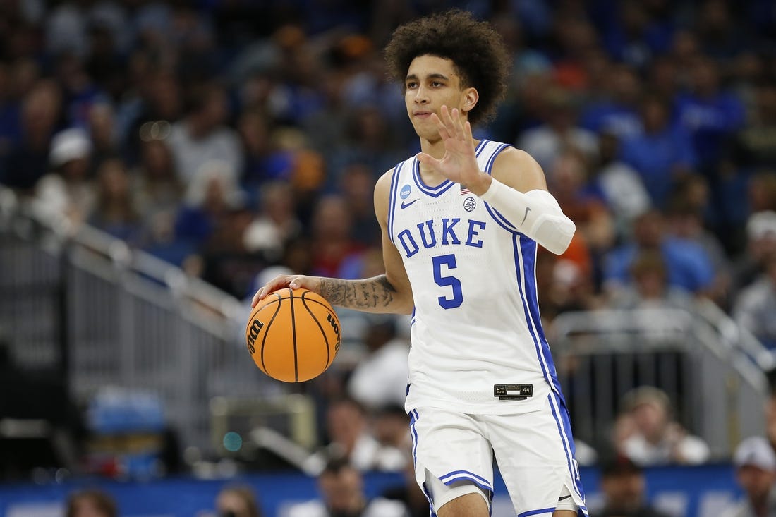 Mar 16, 2023; Orlando, FL, USA; Duke Blue Devils guard Tyrese Proctor (5) dribbles the ball during the second half against the Oral Roberts Golden Eagles at Amway Center. Mandatory Credit: Russell Lansford-USA TODAY Sports