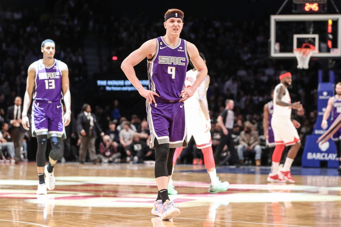 Mar 16, 2023; Brooklyn, New York, USA;  Sacramento Kings guard Kevin Huerter (9) walks off the court after getting injured in the first quarter against the Brooklyn Nets at Barclays Center. Mandatory Credit: Wendell Cruz-USA TODAY Sports