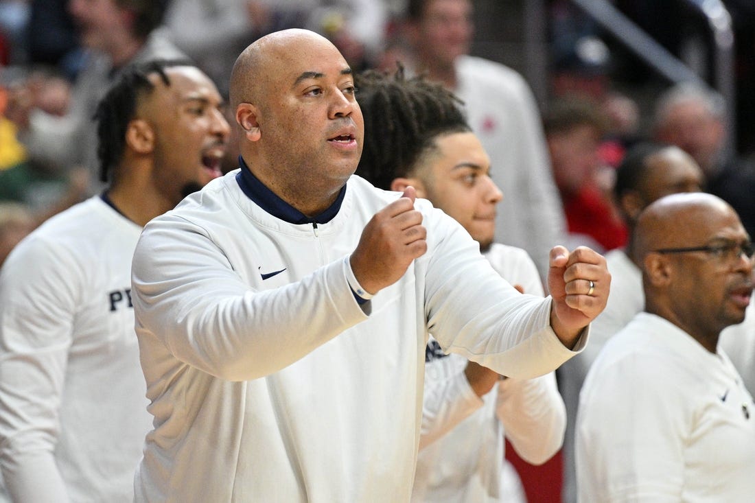 Mar 16, 2023; Des Moines, IA, USA; Penn State Nittany Lions head coach Micah Shrewsberry instructs his team against the Texas A&M Aggies during the first half at Wells Fargo Arena. Mandatory Credit: Jeffrey Becker-USA TODAY Sports