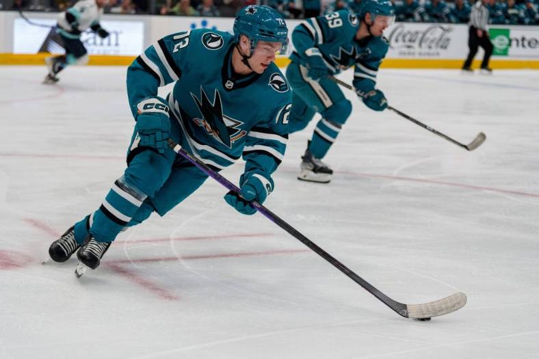 Mar 16, 2023; San Jose, California, USA; San Jose Sharks left wing William Eklund (72) skates with the puck during the first period against the Seattle Kraken at the SAP Center. Mandatory Credit: Neville E. Guard-USA TODAY Sports