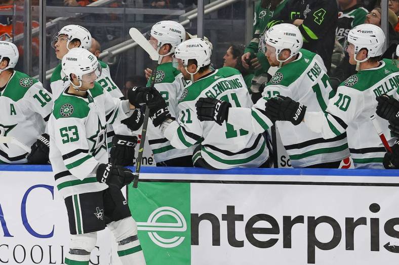Mar 16, 2023; Edmonton, Alberta, CAN; The Dallas Stars celebrate a goal by forward Wyatt Johnson (53) during the third period against the Edmonton Oilers at Rogers Place. Mandatory Credit: Perry Nelson-USA TODAY Sports