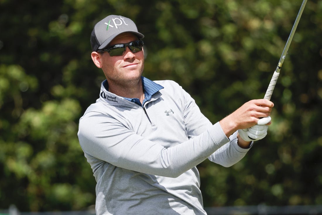 Mar 17, 2023; Palm Harbor, Florida, USA;  Adam Schenk plays his shot from the 13th tee during the second round of the Valspar Championship golf tournament. Mandatory Credit: Reinhold Matay-USA TODAY Sports