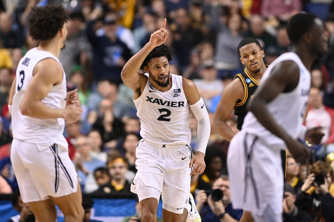Mar 17, 2023; Greensboro, NC, USA; Xavier Musketeers forward Jerome Hunter (2) gestures during the second half against the Kennesaw State Owls at Greensboro Coliseum. Mandatory Credit: Bob Donnan-USA TODAY Sports