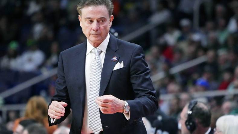 Mar 17, 2023; Albany, NY, USA; Iona Gaels head coach Rick Pitino looks on against the UConn Huskies during the first half at MVP Arena. Mandatory Credit: Gregory Fisher-USA TODAY Sports