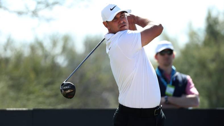 Mar 17, 2023; Tucson, Arizona, USA; Brooks Koepka tees off from the 2nd tee during the first round of the LIV Golf event at The Gallery Golf Club. Mandatory Credit: Zachary BonDurant-USA TODAY Sports