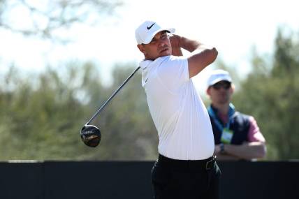 Mar 17, 2023; Tucson, Arizona, USA; Brooks Koepka tees off from the 2nd tee during the first round of the LIV Golf event at The Gallery Golf Club. Mandatory Credit: Zachary BonDurant-USA TODAY Sports