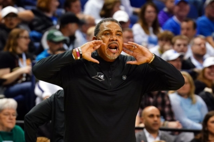 Mar 17, 2023; Greensboro, NC, USA; Providence Friars head coach Ed Cooley reacts in the first half against the Kentucky Wildcats at Greensboro Coliseum. Mandatory Credit: John David Mercer-USA TODAY Sports